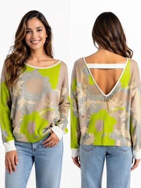 Off-the-Shoulder Floral-Print Sweater in Lime & Beige